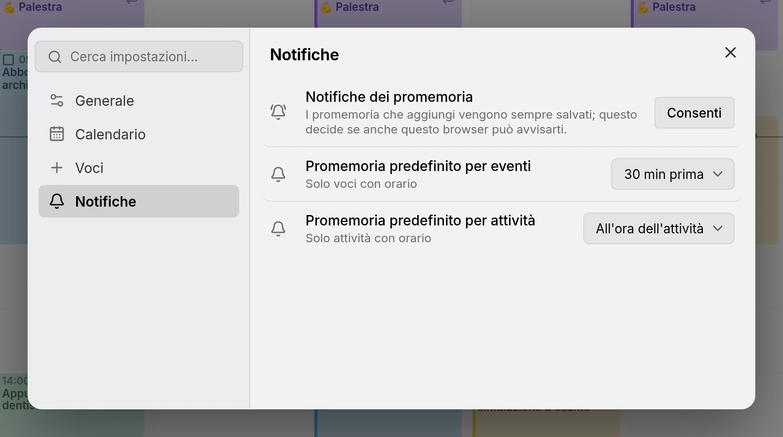 La pagina delle impostazioni Notifiche, con i promemoria predefiniti, il permesso del browser e l'elenco dei dispositivi