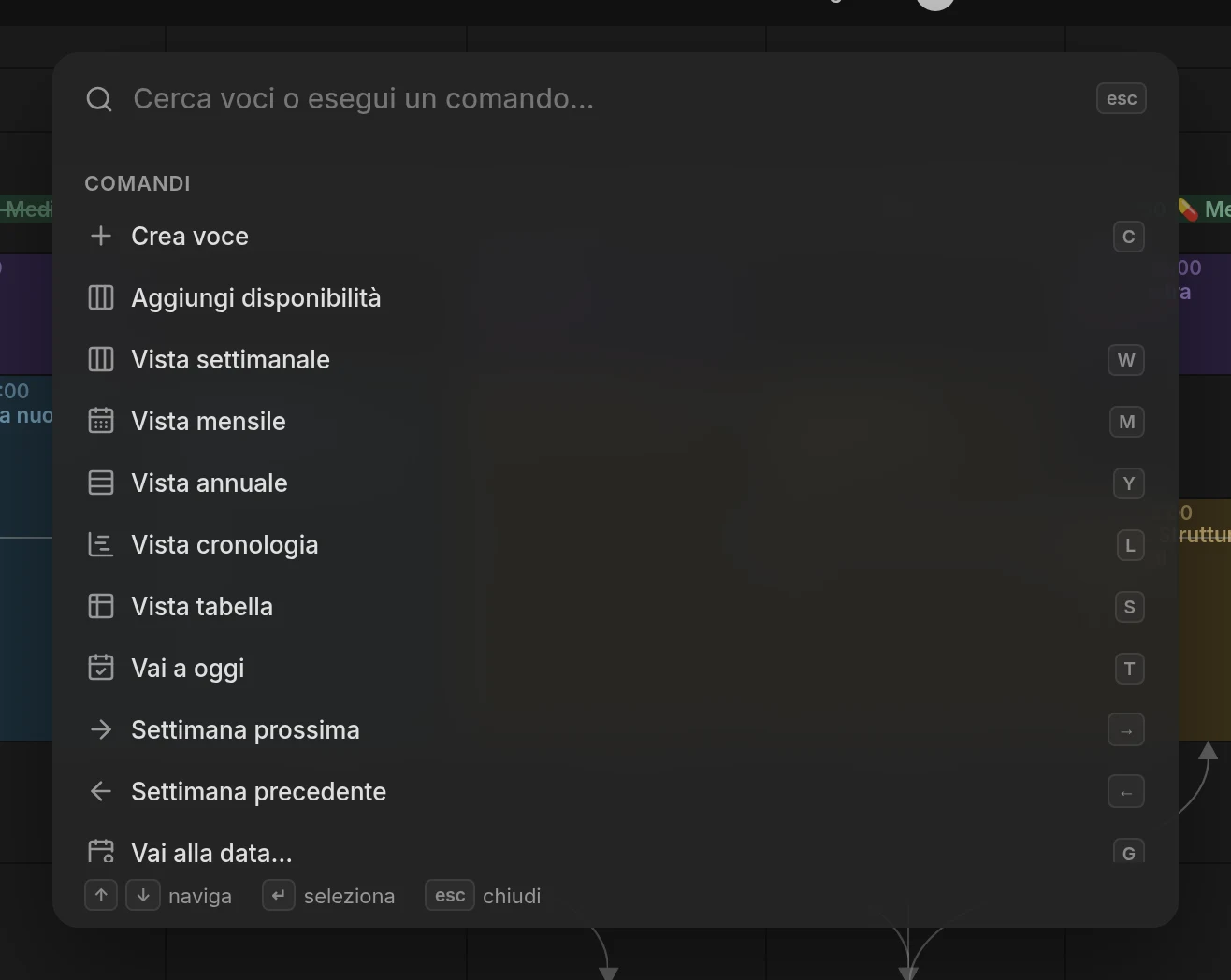 La tavolozza dei comandi aperta sopra la vista settimanale