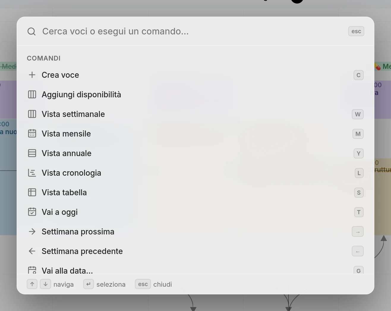 La tavolozza dei comandi aperta sopra la vista settimanale