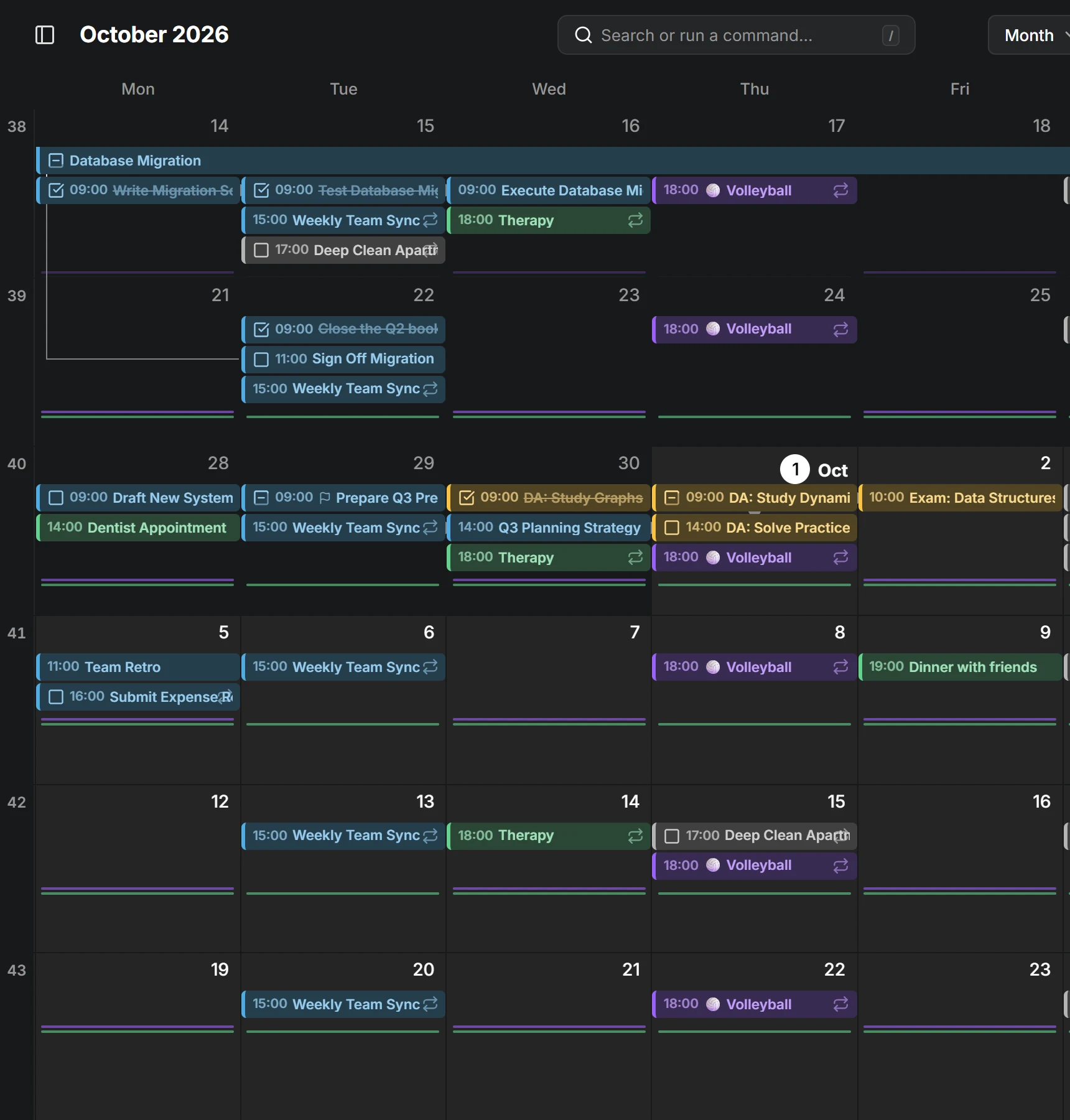The month view, with routines shown as small marks under each day