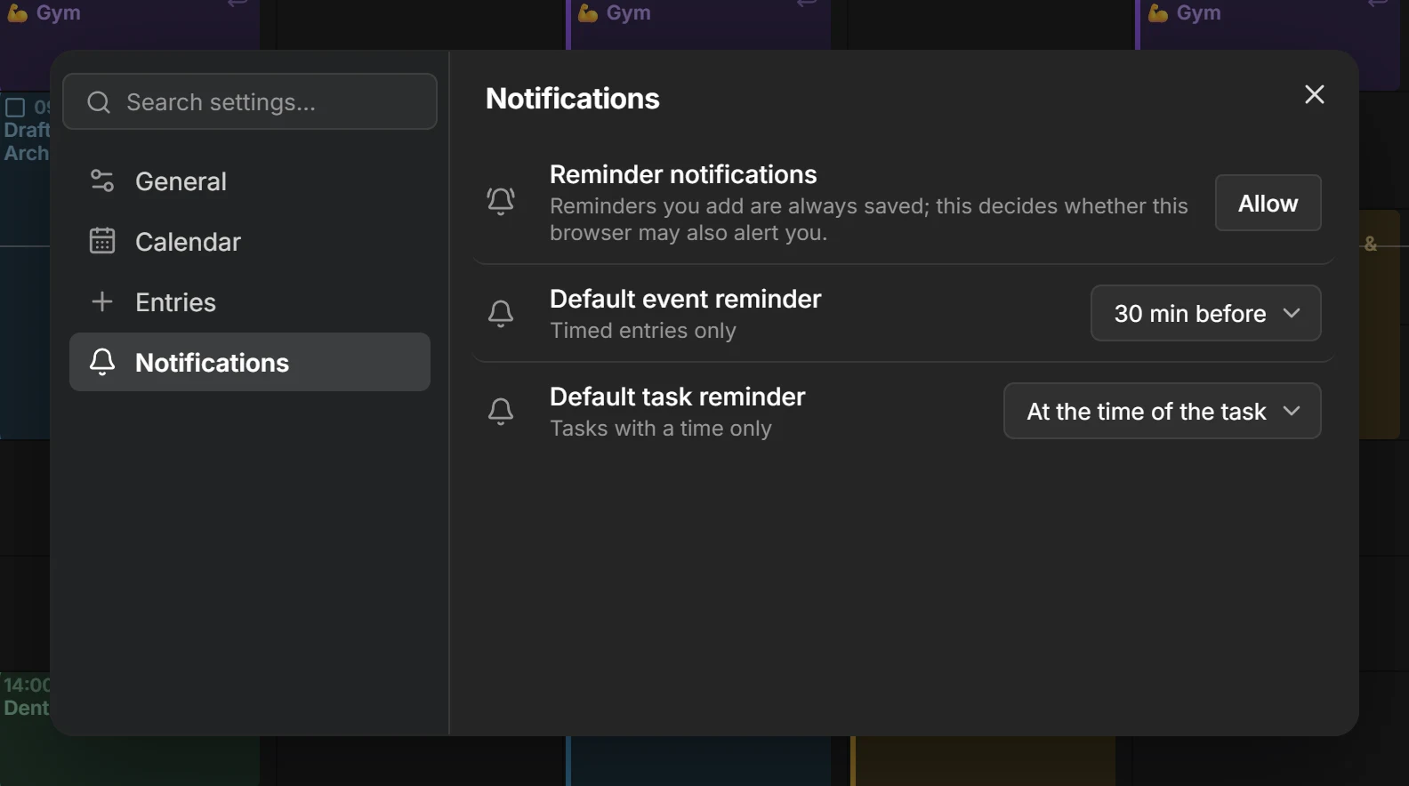 The Notifications settings page, with the default reminders, the browser permission and the device list