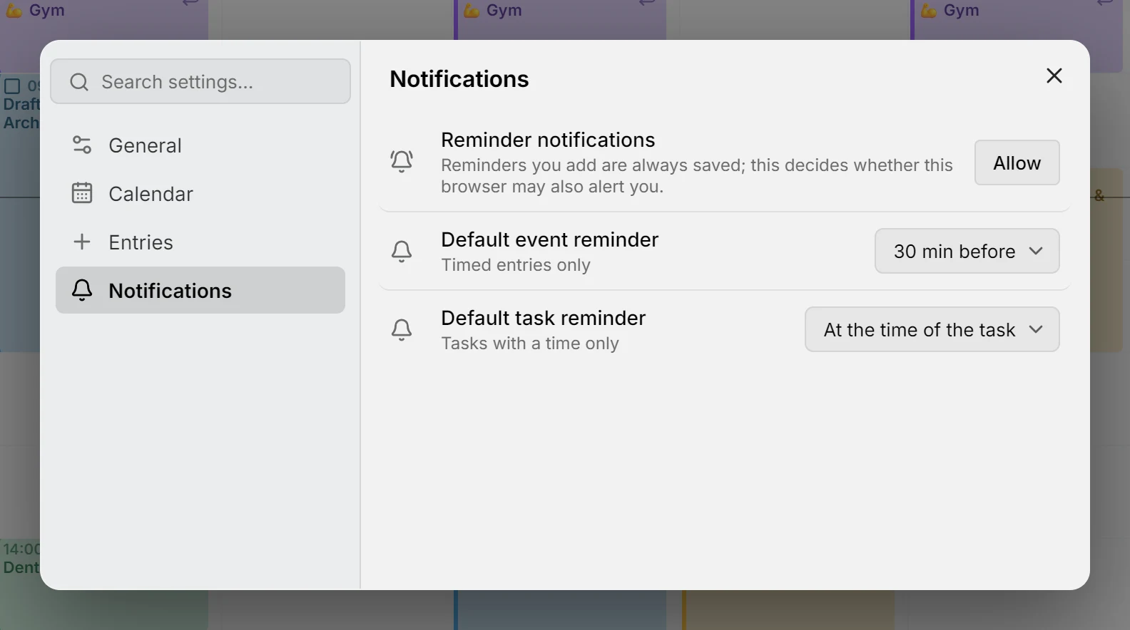The Notifications settings page, with the default reminders, the browser permission and the device list