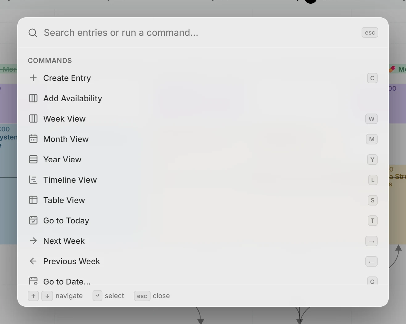The command palette open over the week view