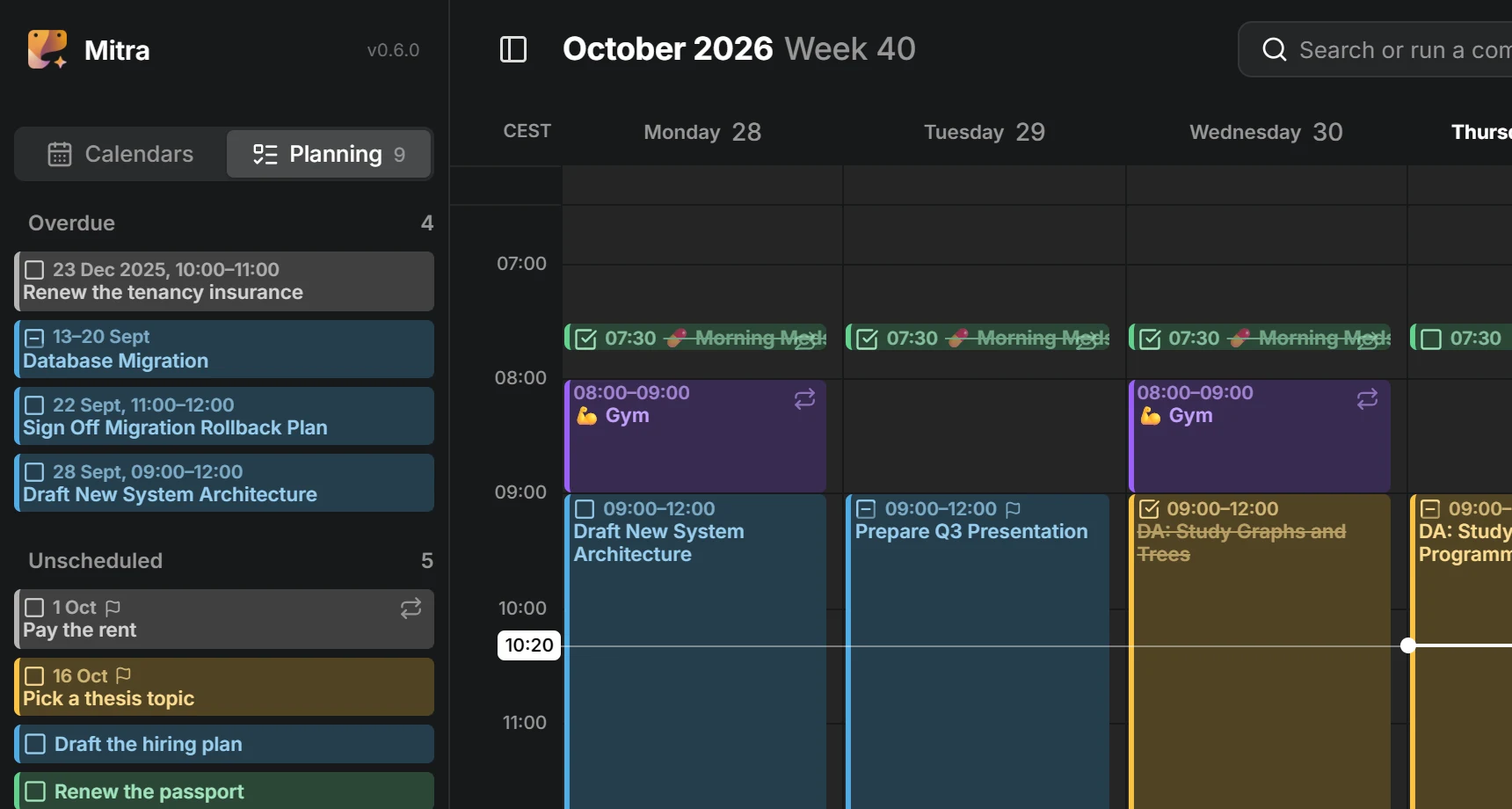 The sidebar's Planning tab, listing overdue tasks above the unscheduled ones