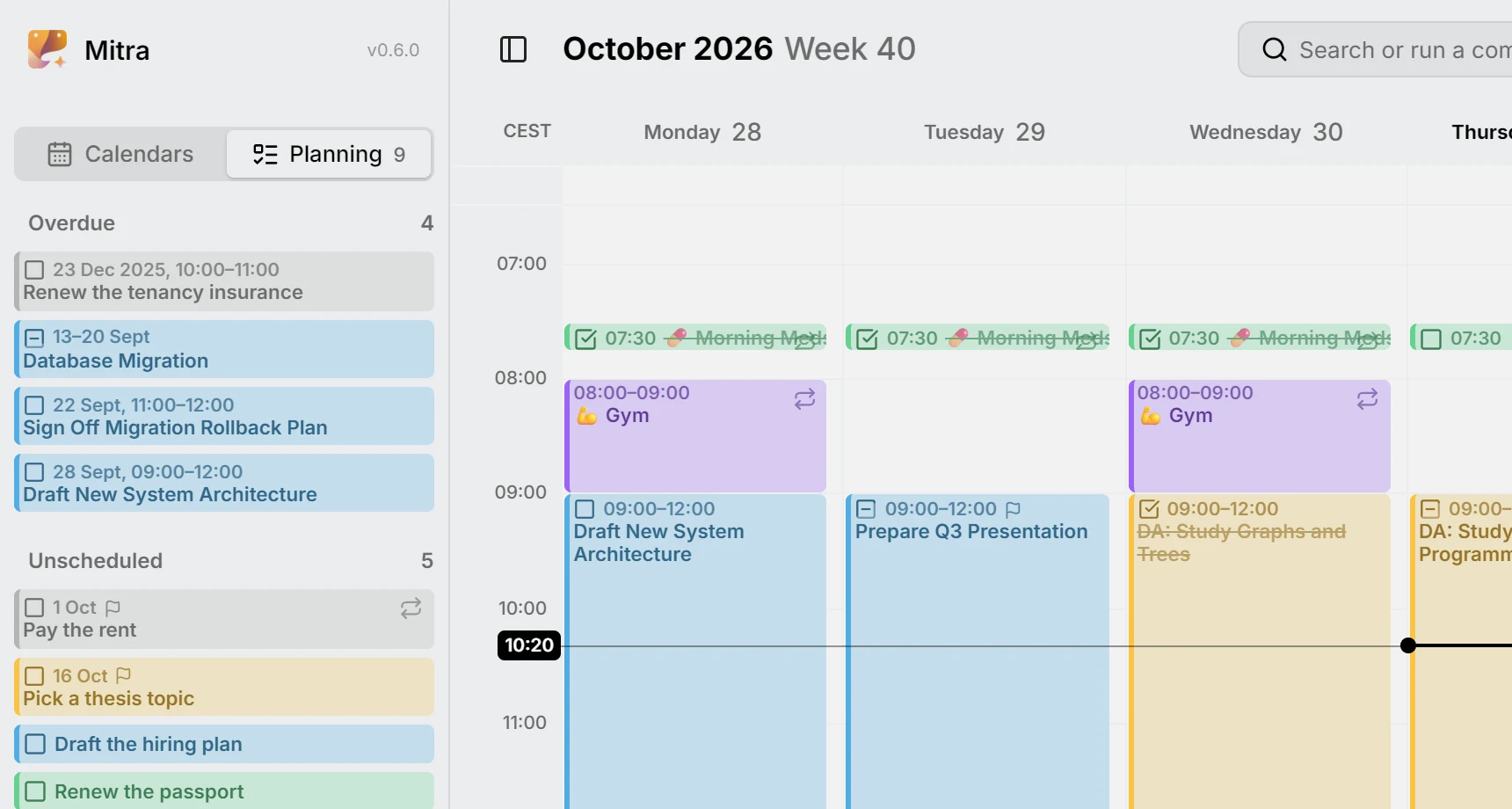 The sidebar's Planning tab, listing overdue tasks above the unscheduled ones