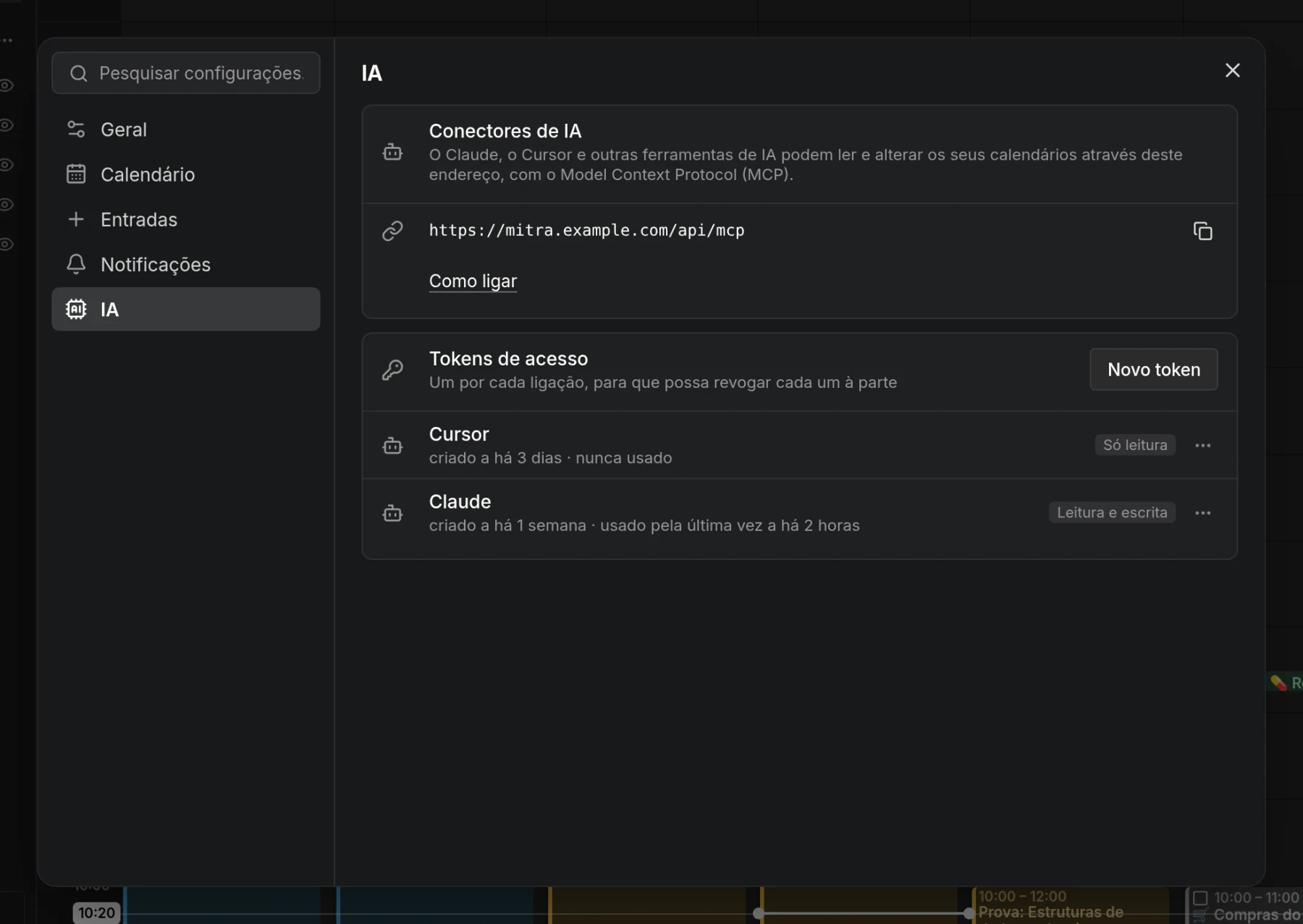 O diálogo de configurações, aberto na página IA com o endereço para conectar