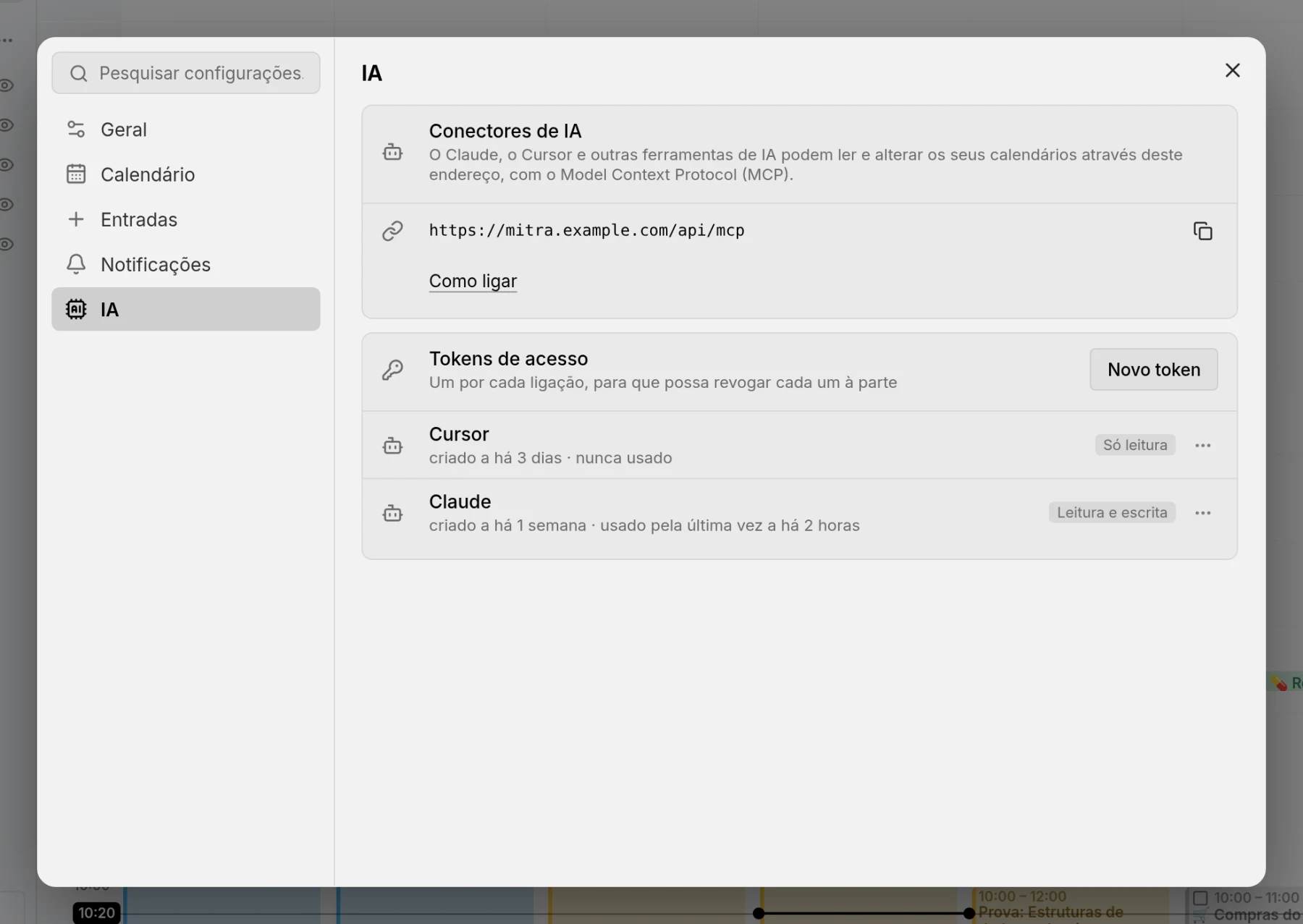 O diálogo de configurações, aberto na página IA com o endereço para conectar