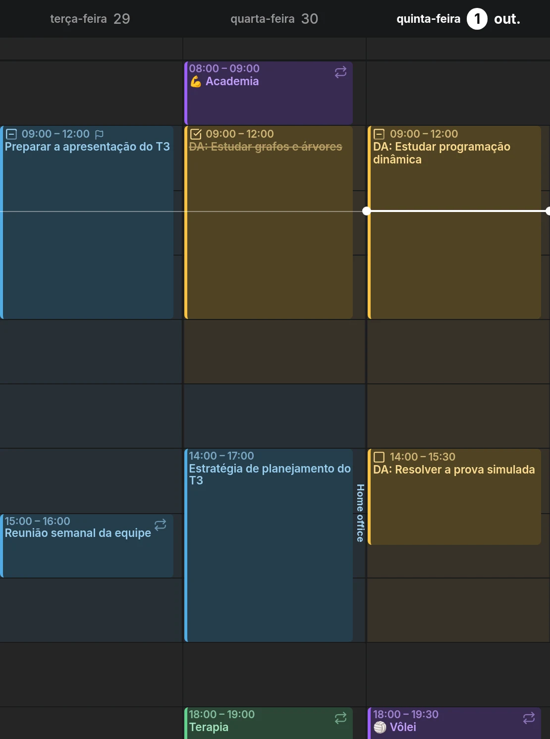 Três dias da vista de semana: horário de trabalho e tempo de estudo sombreados nas cores dos seus calendários, com o trabalho da tarde de quarta-feira marcado como Home office