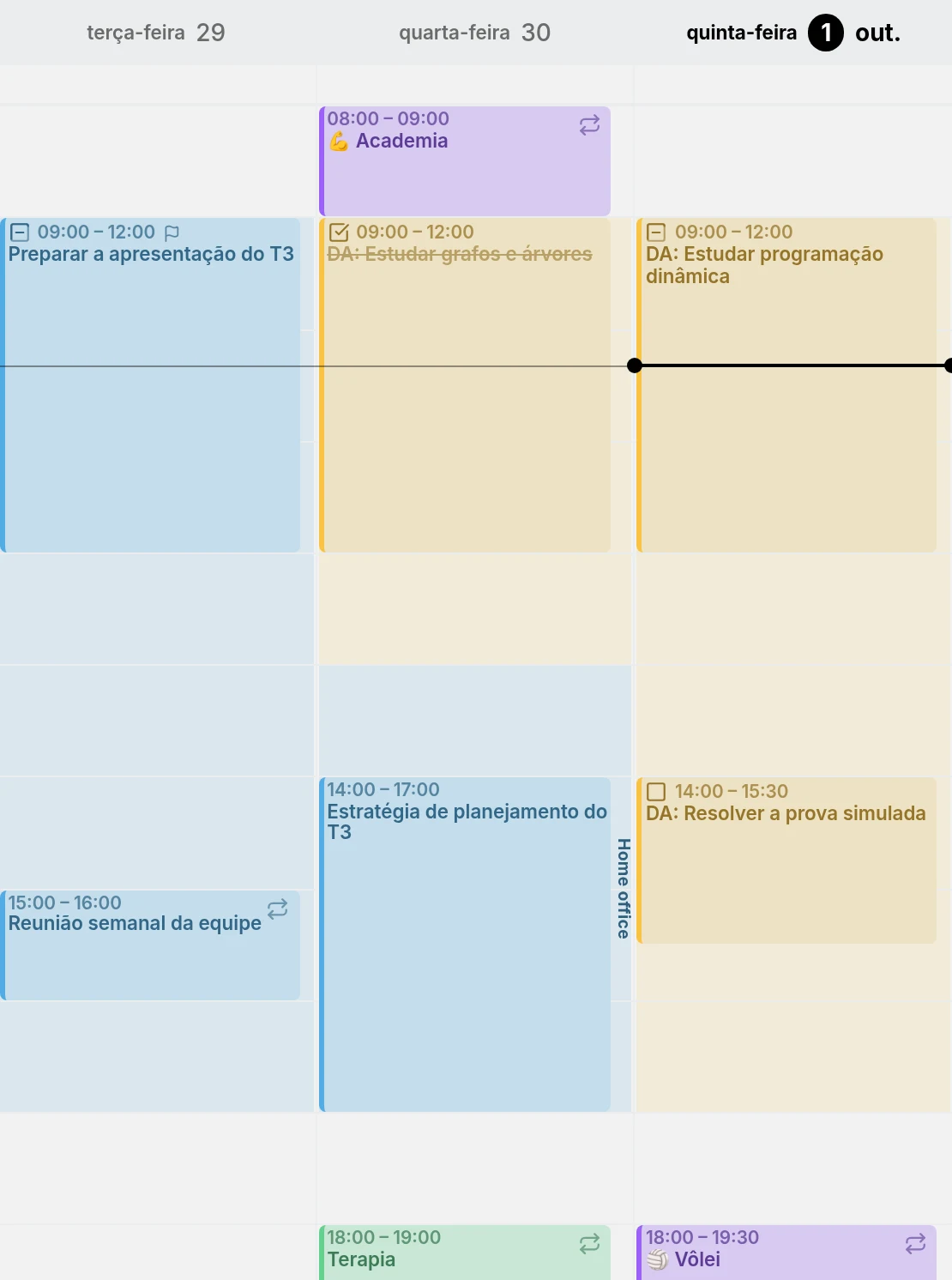 Três dias da vista de semana: horário de trabalho e tempo de estudo sombreados nas cores dos seus calendários, com o trabalho da tarde de quarta-feira marcado como Home office