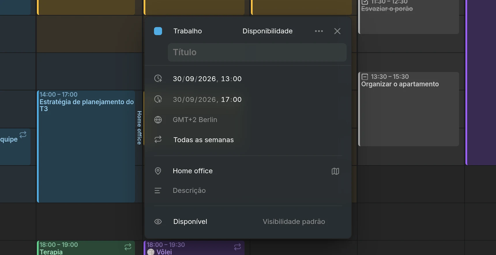 O editor do trabalho de quarta-feira: o horário, a repetição semanal, Home office como local e Disponível