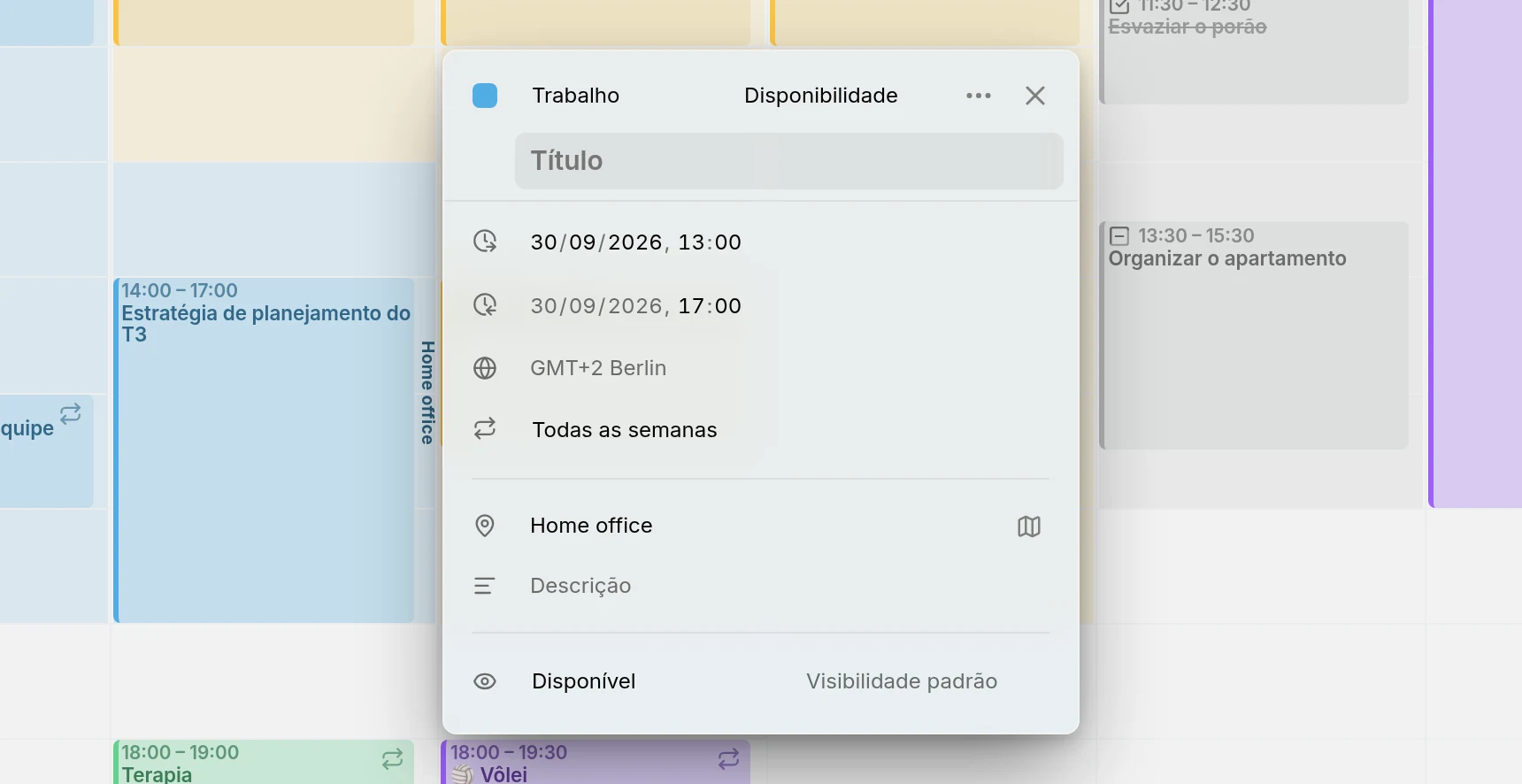 O editor do trabalho de quarta-feira: o horário, a repetição semanal, Home office como local e Disponível