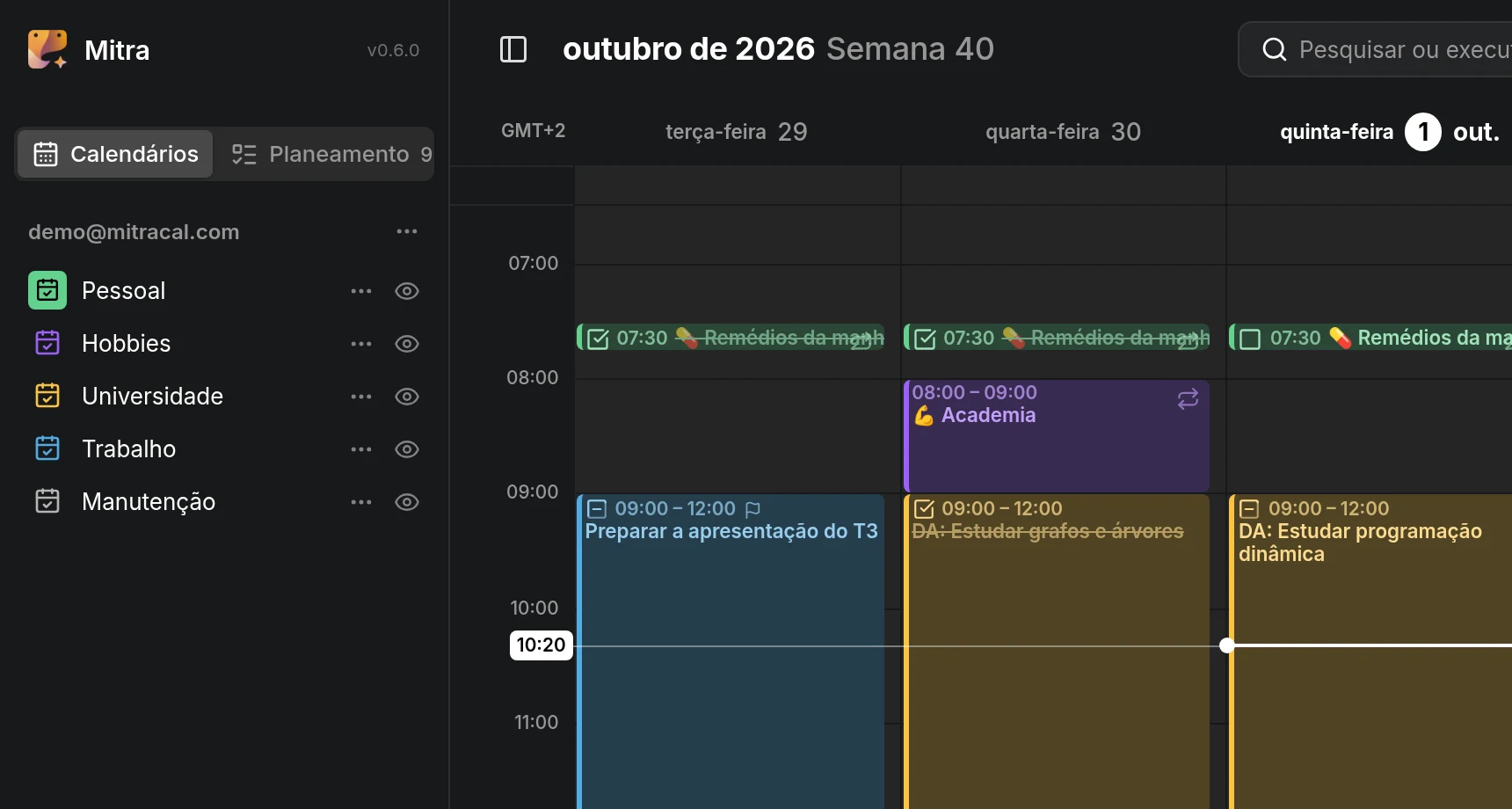 A barra lateral, listando uma conta e os seus cinco calendários, cada um na sua própria cor