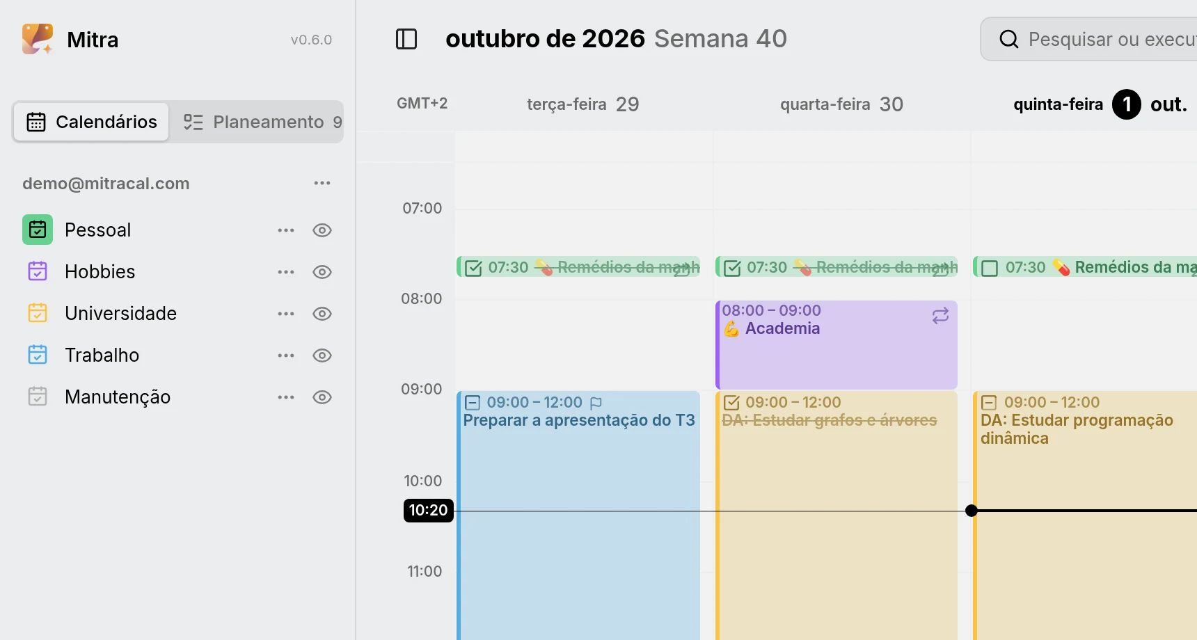A barra lateral, listando uma conta e os seus cinco calendários, cada um na sua própria cor