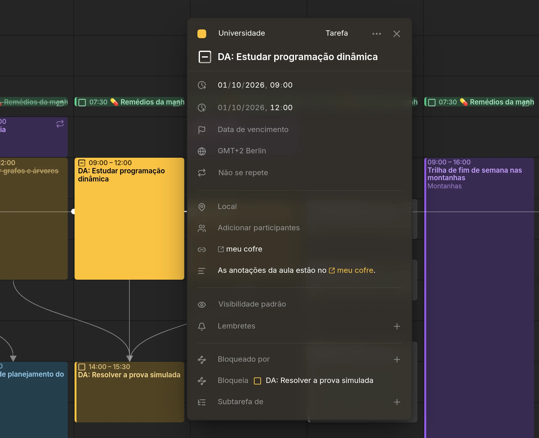 O editor de uma entrada com uma linha Links acima da descrição, contendo um link para uma nota no Obsidian