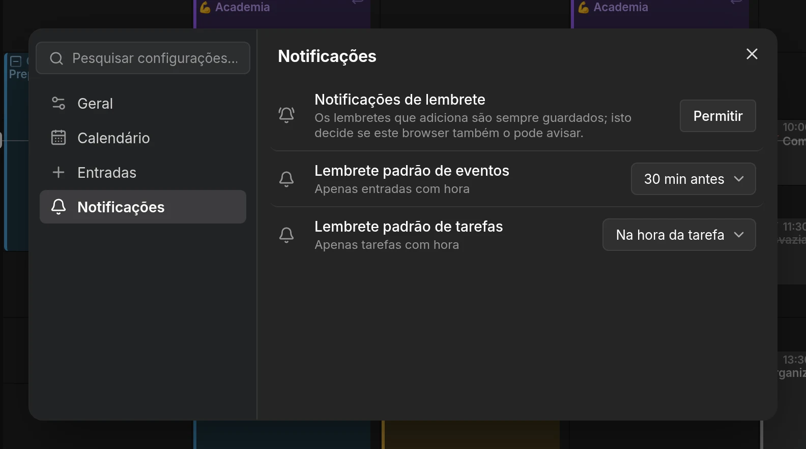 A página de configurações de Notificações, com os lembretes padrão, a permissão do navegador e a lista de dispositivos