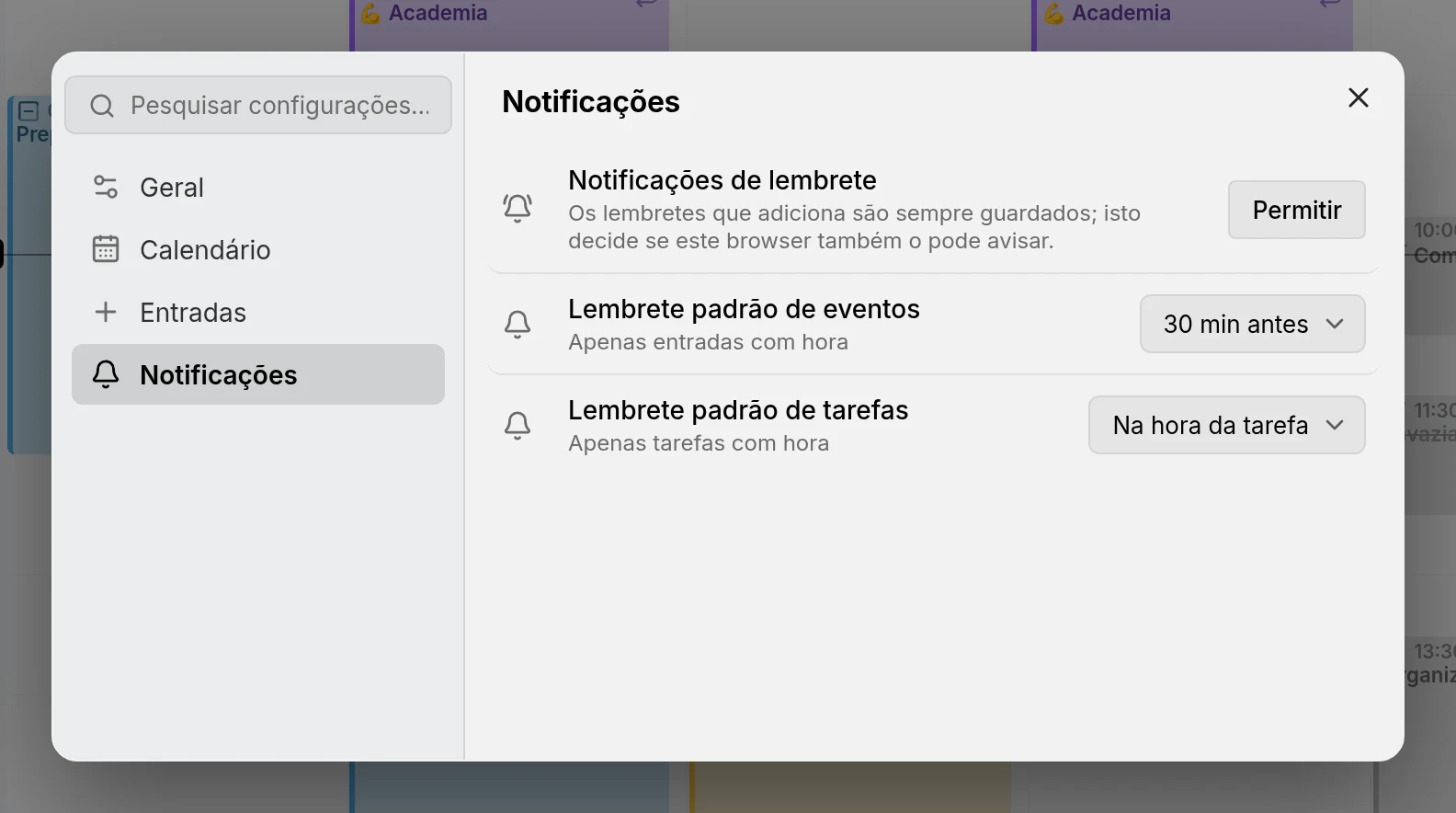 A página de configurações de Notificações, com os lembretes padrão, a permissão do navegador e a lista de dispositivos