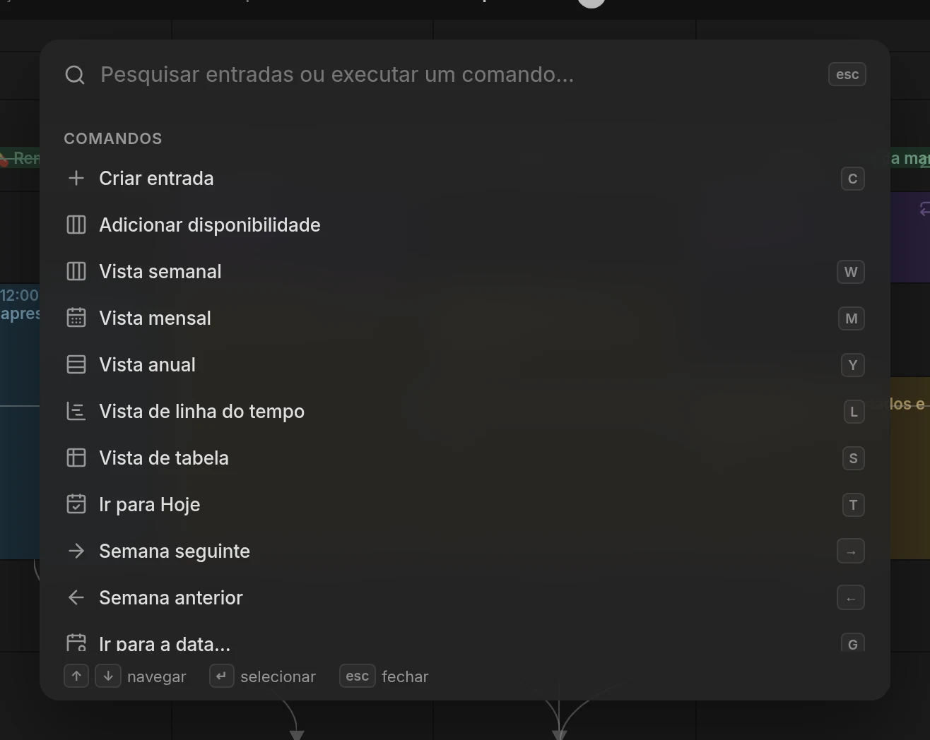 A paleta de comandos aberta sobre a vista de semana
