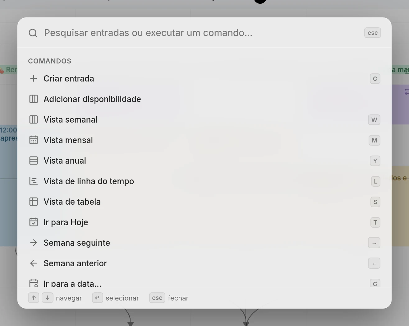 A paleta de comandos aberta sobre a vista de semana