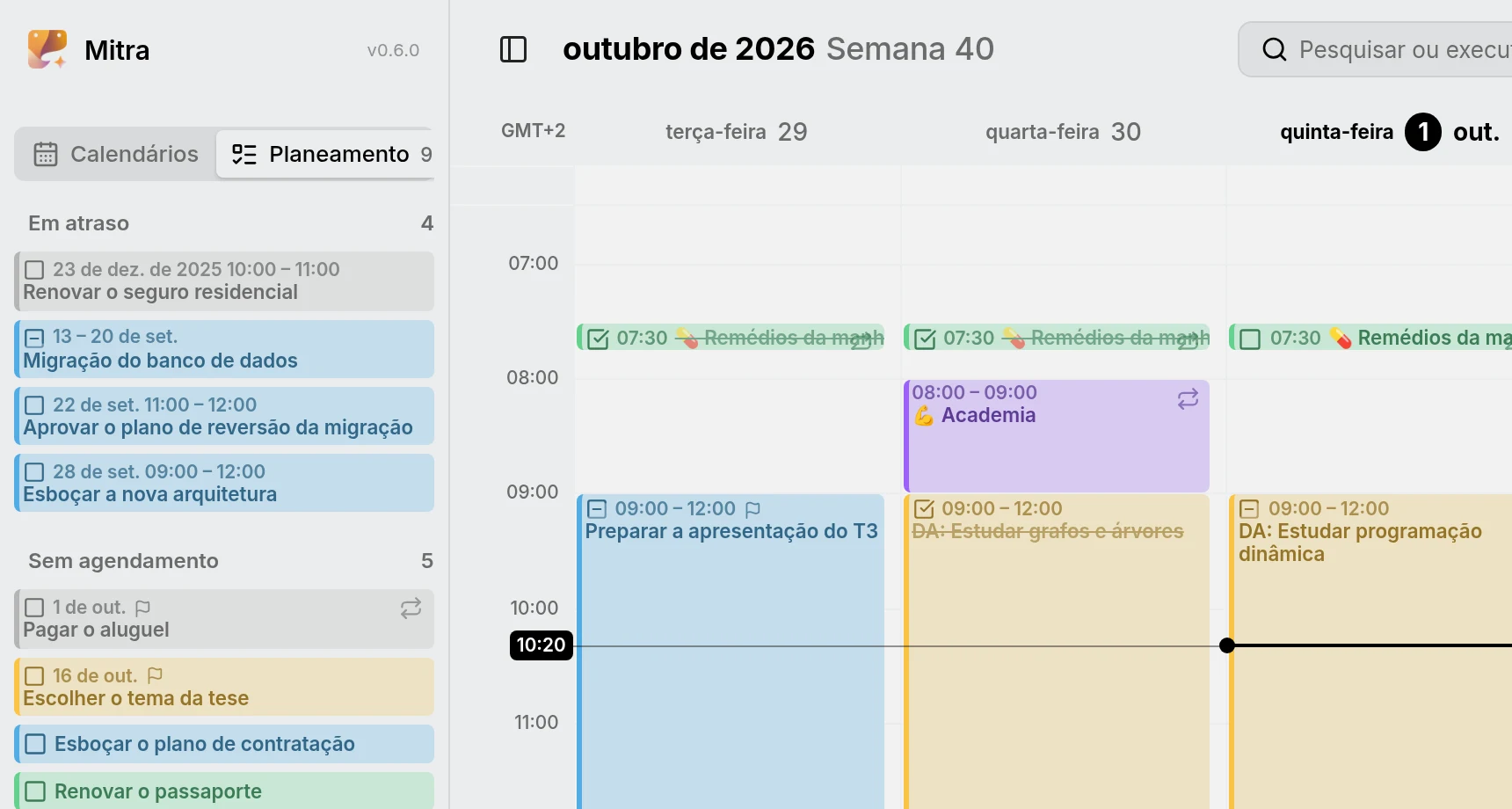A aba Planeamento da barra lateral, listando as tarefas em atraso acima das sem agendamento