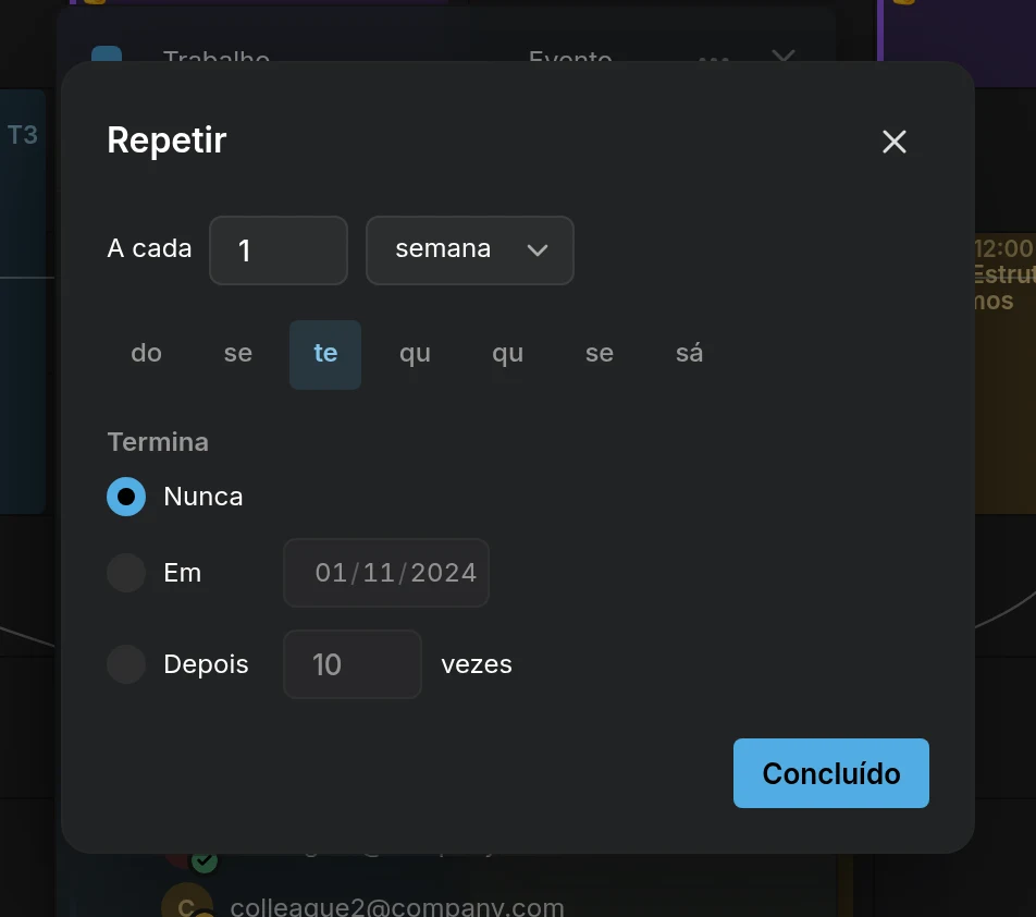 O diálogo Repetir: a cada 1 semana na terça, termina nunca, em uma data, ou depois de um número de vezes
