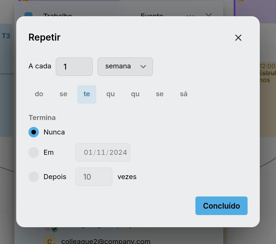 O diálogo Repetir: a cada 1 semana na terça, termina nunca, em uma data, ou depois de um número de vezes