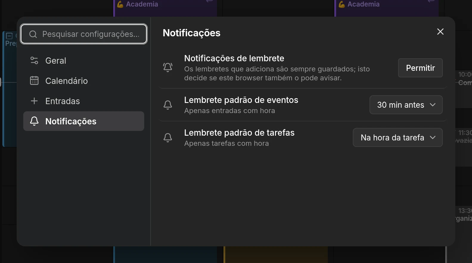 O diálogo de configurações, aberto na página Geral