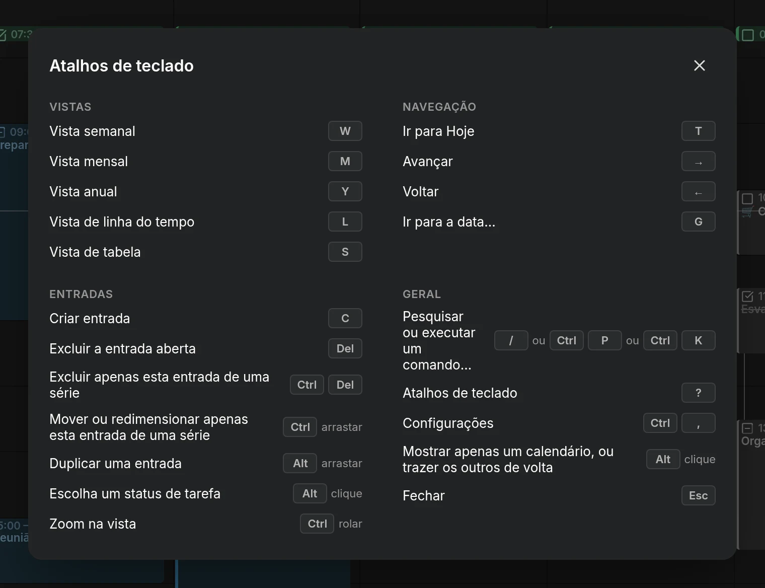 A folha de atalhos de teclado, aberta com a tecla de interrogação