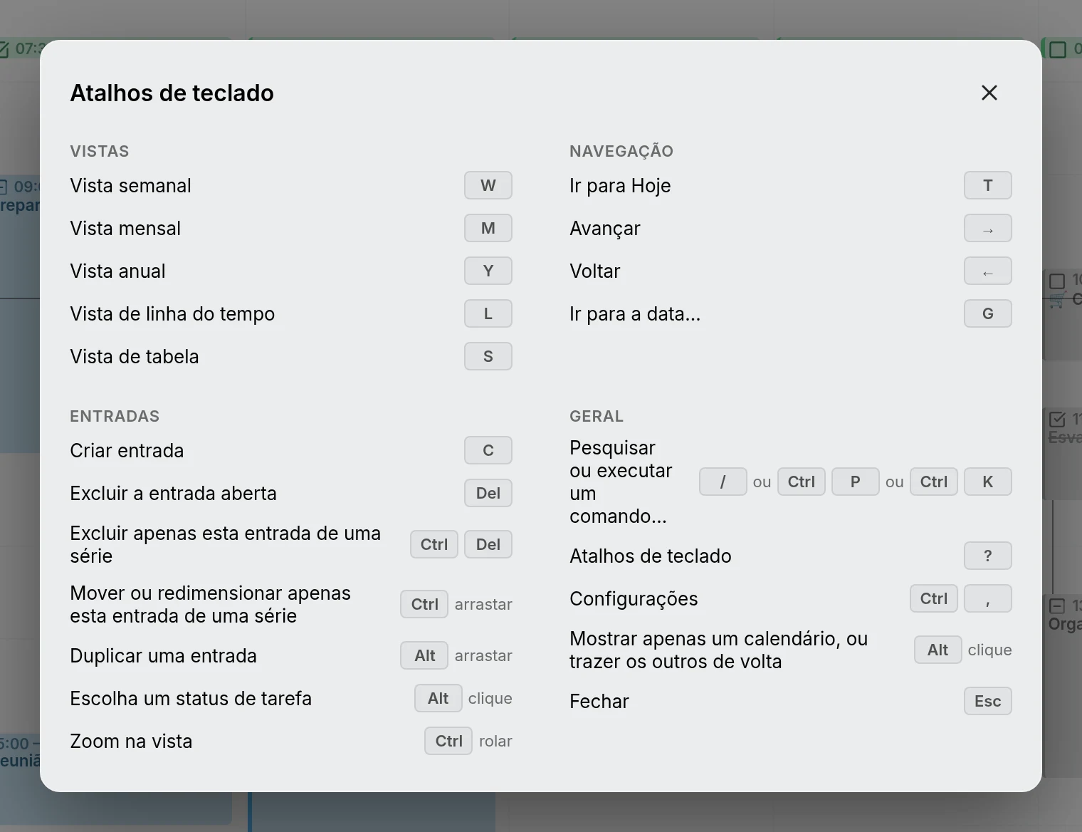 A folha de atalhos de teclado, aberta com a tecla de interrogação