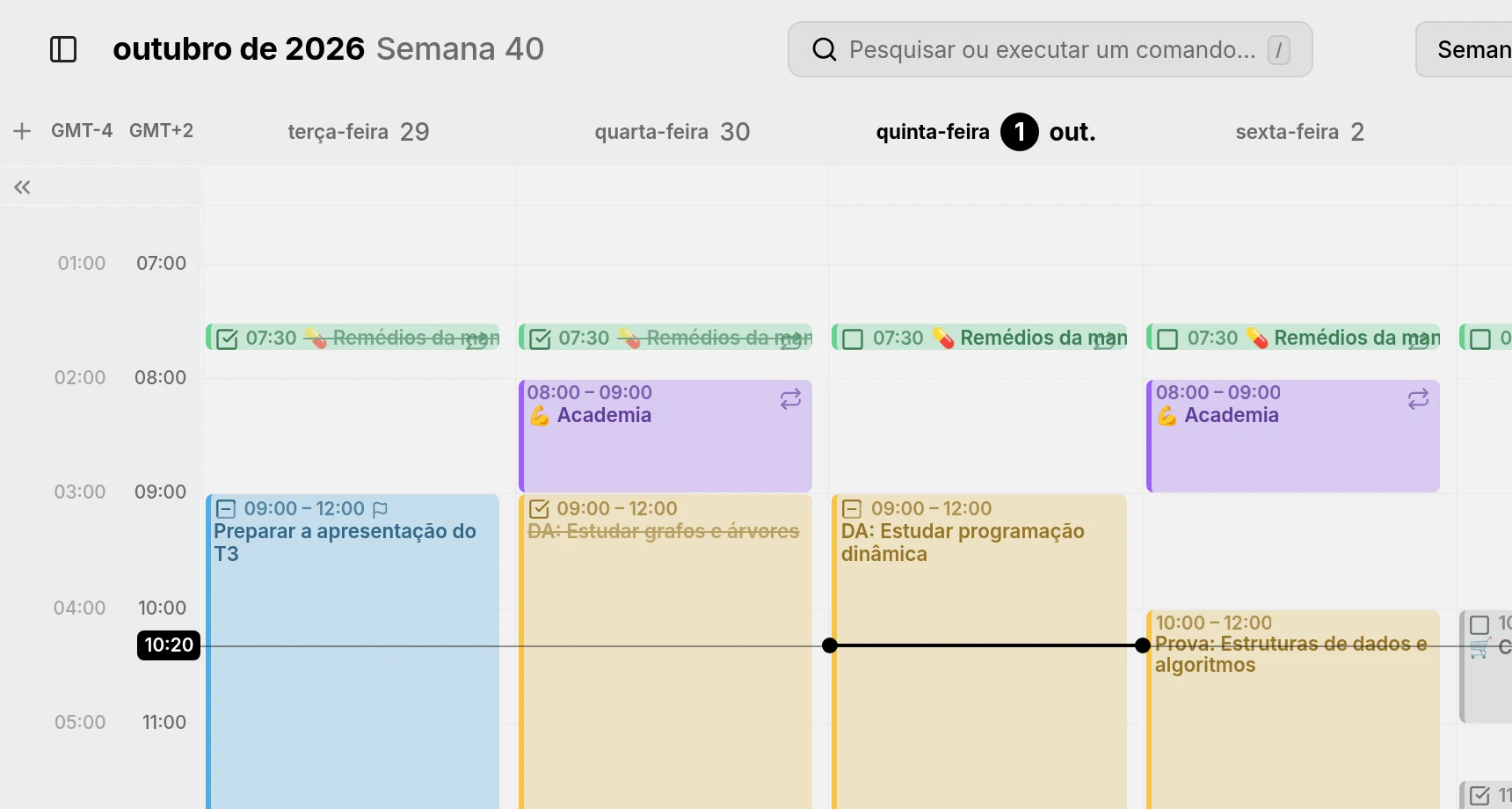 A vista semanal com uma coluna EDT de horas de Nova York ao lado da coluna GMT+2, de modo que 07:00 em Berlim corresponde a 01:00 em Nova York