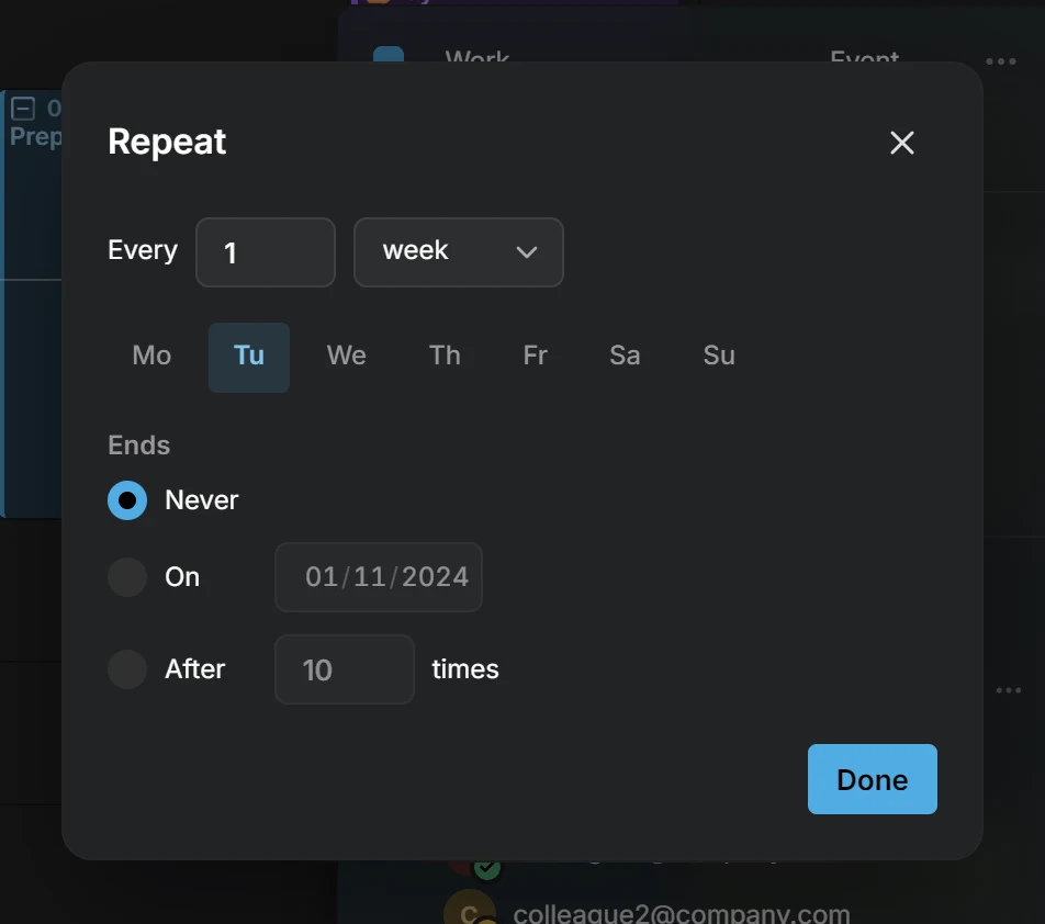 The Repeat dialog: every 1 week on Tuesday, ending never, on a date, or after a number of times
