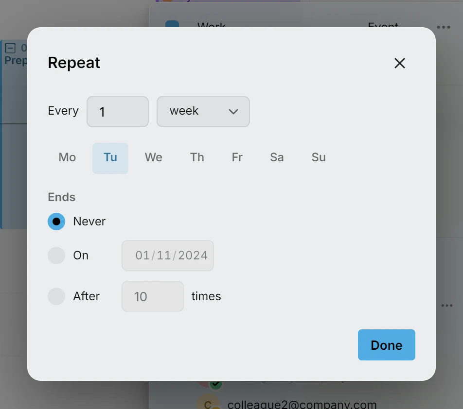 The Repeat dialog: every 1 week on Tuesday, ending never, on a date, or after a number of times