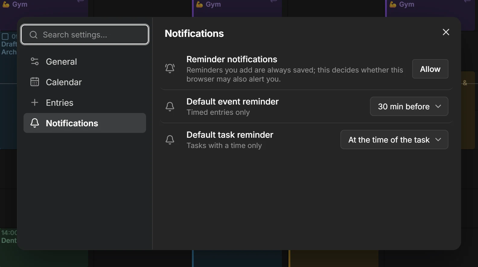 The settings dialog, open on the General page