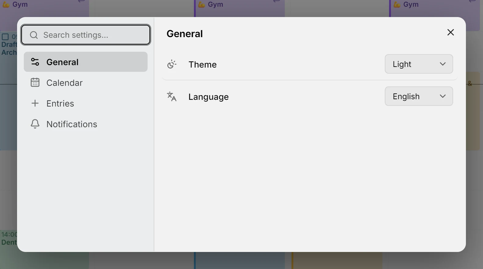 The settings dialog, open on the General page
