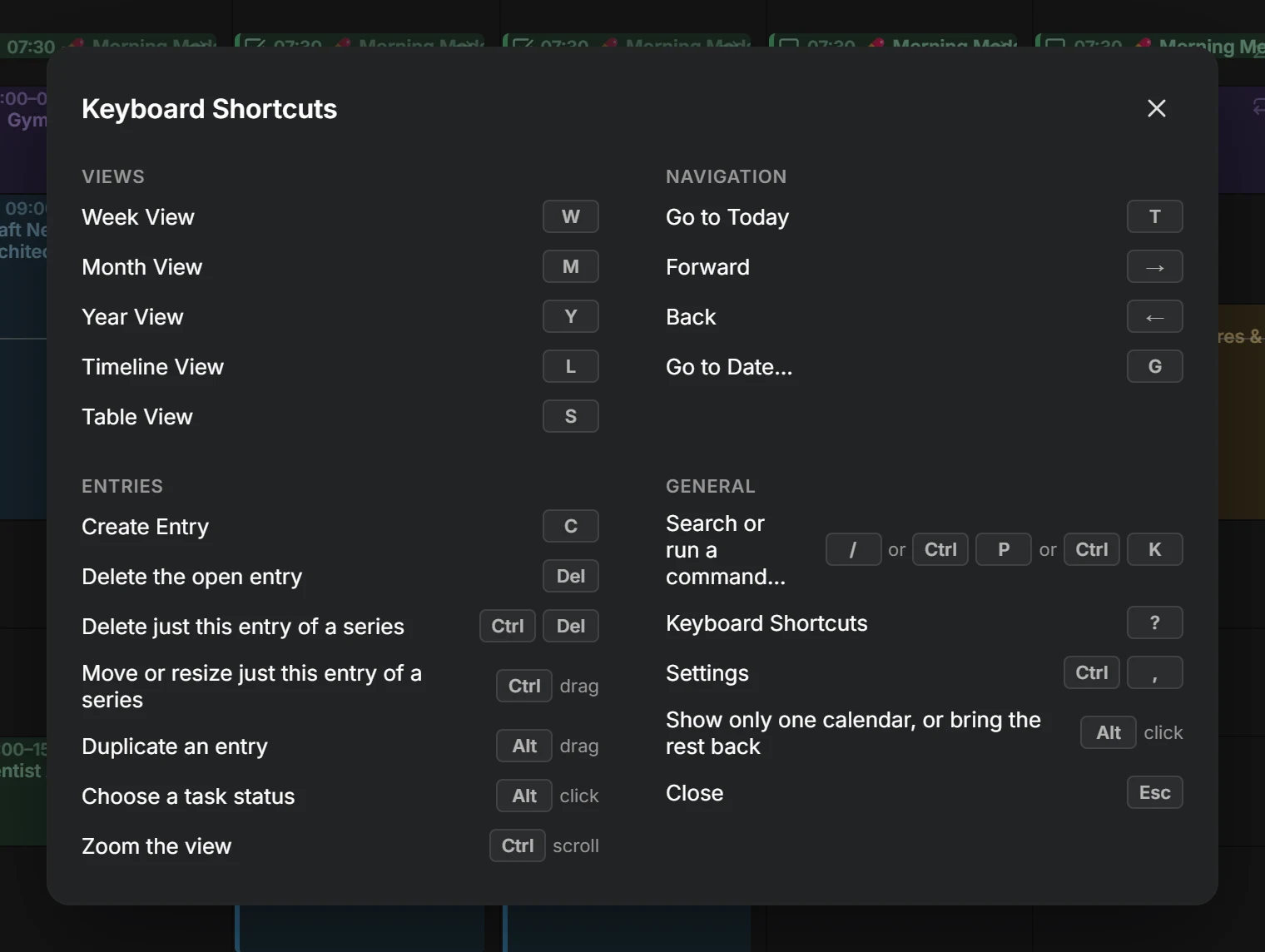 The keyboard shortcuts sheet, opened with the question mark key