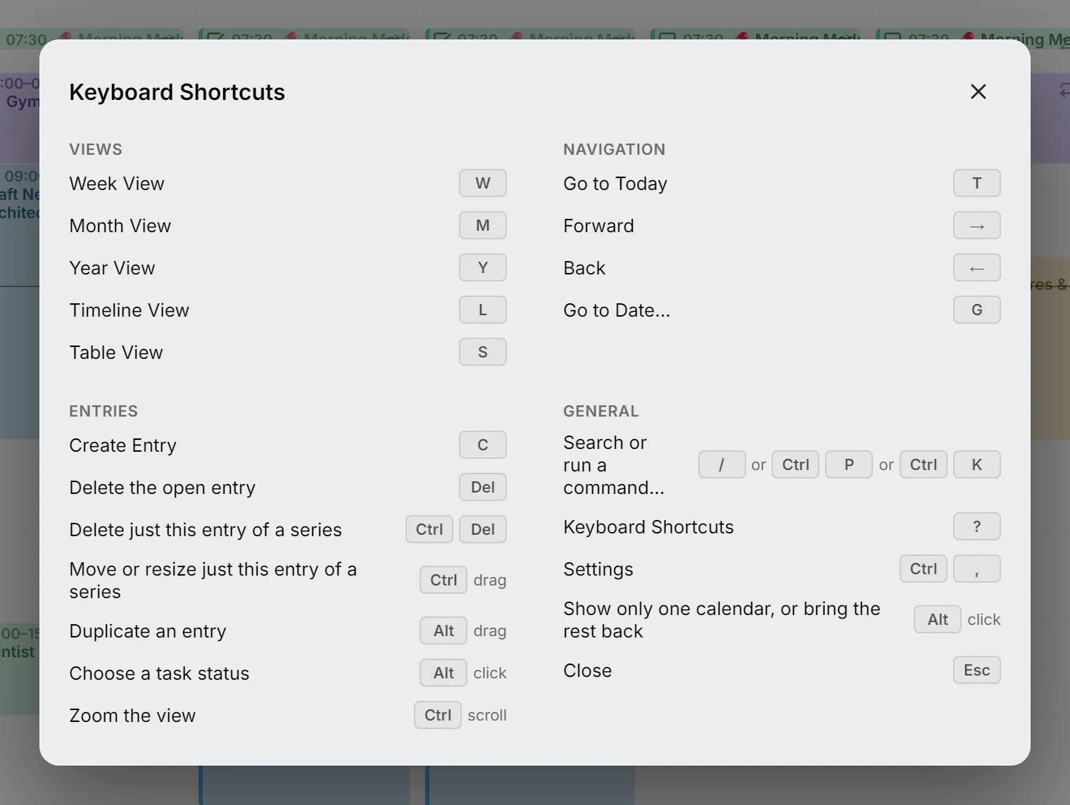 The keyboard shortcuts sheet, opened with the question mark key