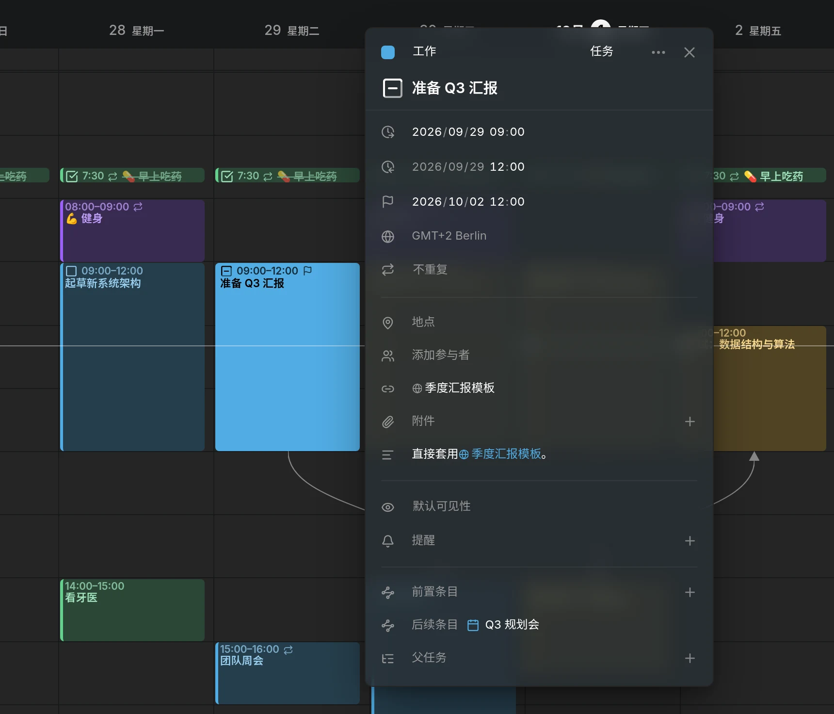 一个安排在周二 9:00 到 12:00 的任务，截止日期是周五中午