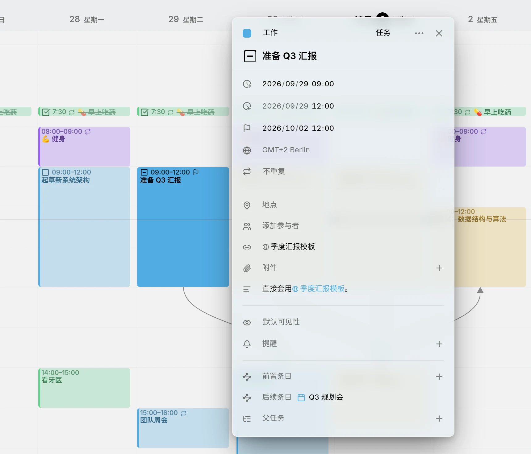 一个安排在周二 9:00 到 12:00 的任务，截止日期是周五中午